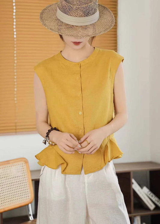 Fashion Yellow Ruffled Button Linen Shirt Tops Sleeveless