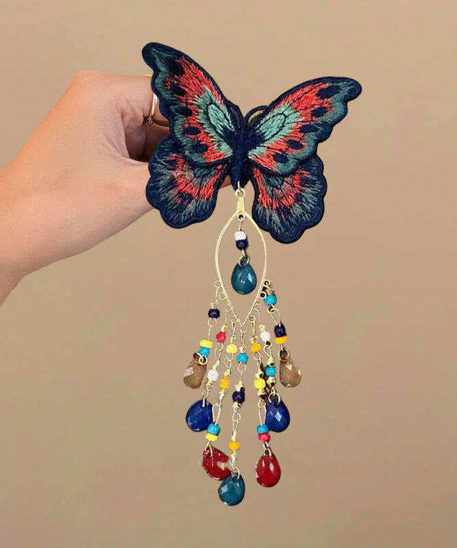 Chinese Style Rainbow Alloy Knit Glass Butterfly Tassel Hairpin