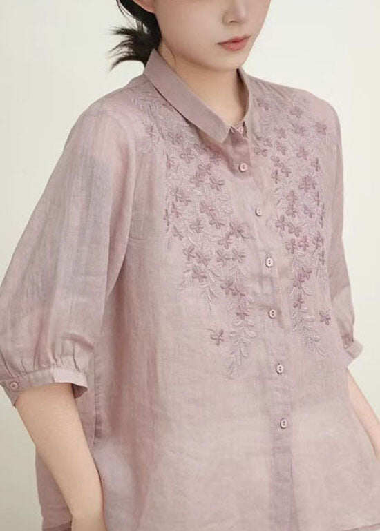 Casual Beige Peter Pan Collar Embroidered Linen Blouses Summer