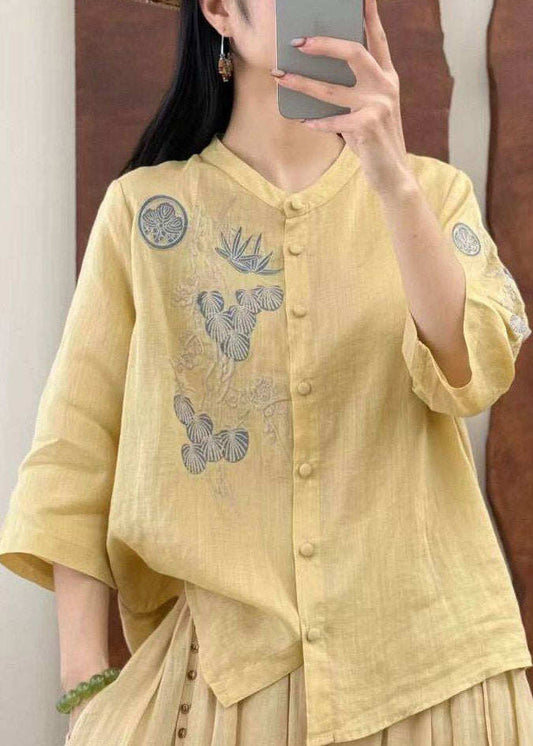 Chic Yellow O-Neck Embroidered Button Linen Top Three Quarter Sleeve