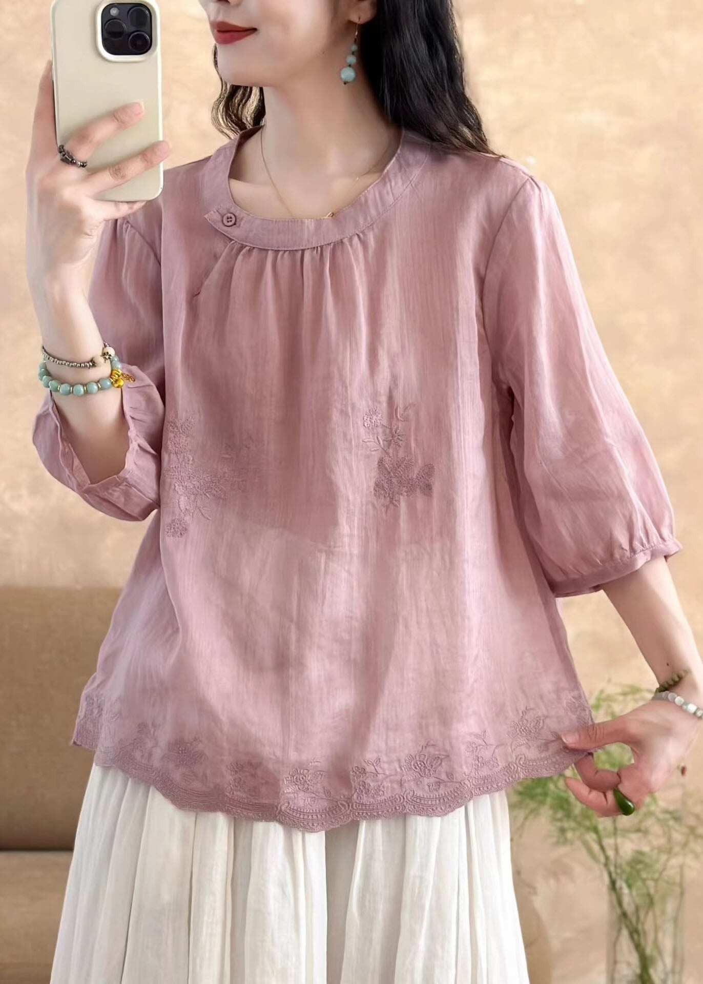 New White O-Neck Embroidered Linen T Shirt Tops Summer